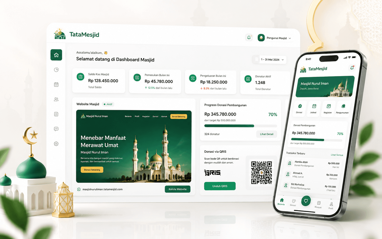 Dashboard TataMesjid yang menghubungkan workspace pengurus dan website publik