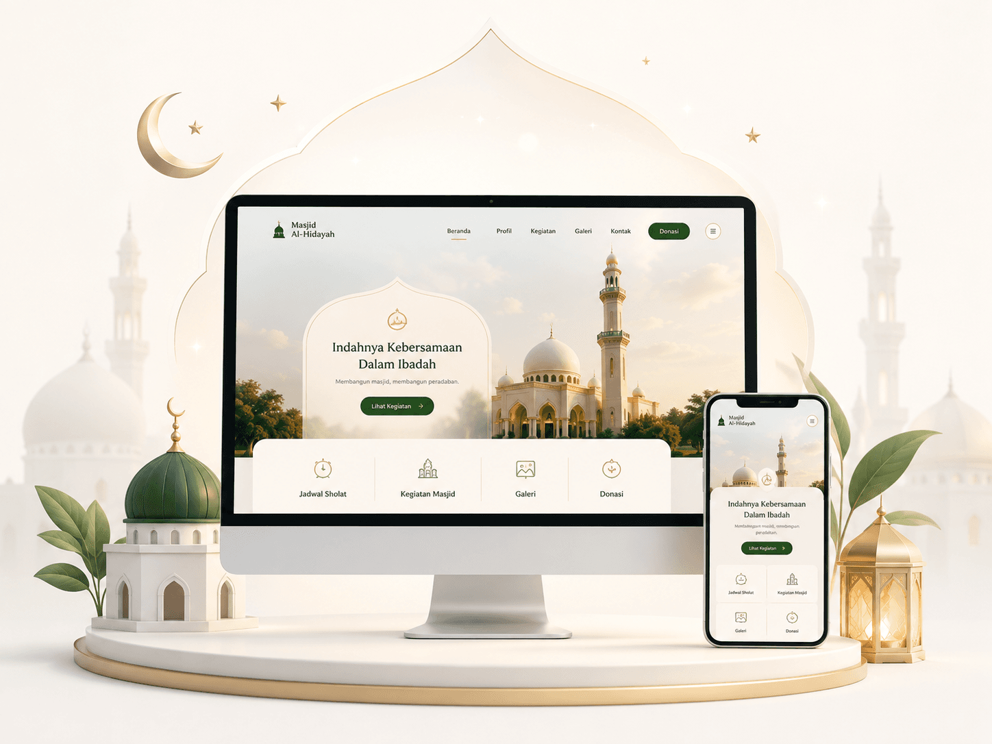 Preview konsep website masjid template Amanah pada desktop dan smartphone